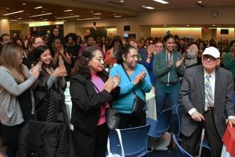 Abe Levine,a founder of the UFT receives a standing ovation from the audience