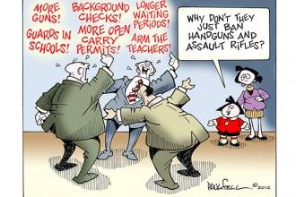 Cartoon; more guns! guards! carry permits! arm teachers!