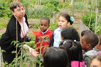 Pre-K teacher Patricia Dobosz talks with her students about what they see growin
