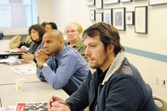 Brooklyn Technical HS teacher Andrew MacVicar (foreground) with other participan