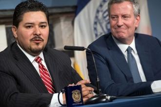 Richard Carranza (left) meets the press at City Hall after being named New York 