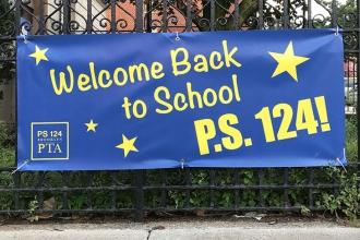 A welcome back sign at PS 124 in Chinatown