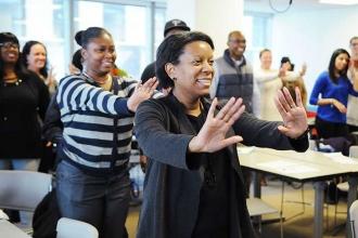 Laura Keppis, a guidance counselor at PS 57 in Manhattan, does the calm down dan