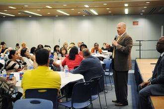 UFT President Michael Mulgrew talks with functional chapter members about SESIS.