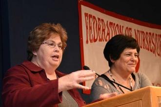 Negotiating committee members (from left) Christine Mooney and Donna Pulcrano sp