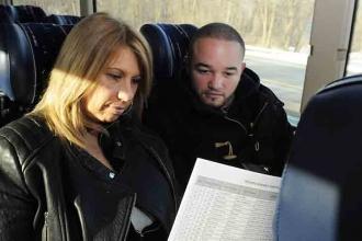 On the bus to Albany, Chapter Leader Lisa Berman (left) and teacher Jose Martine