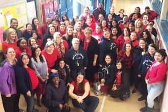 At PS 157 in the Bronx, staff wore school shirts and red on Valentine's Day and 