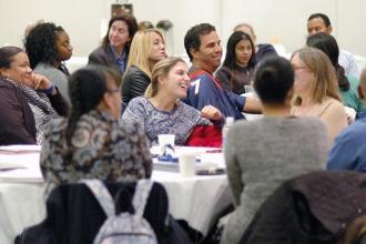 New members listen as UFT President Michael Mulgrew speaks.