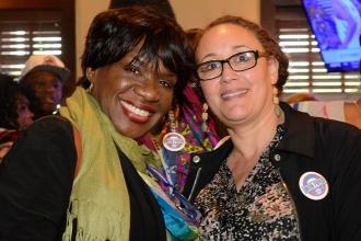 Happily displaying their #UnionProud buttons are PS 109 teacher Janice Grannum (