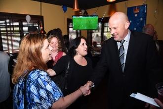 Mulgrew greets PS 97 Chapter Leader Linda Goldenberg and Teacher Teresa Mirailh.
