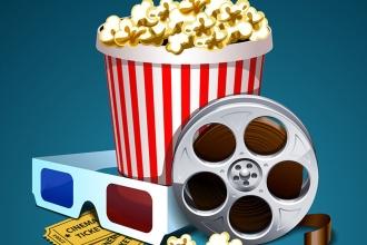 Popcorn, a movie reel and 3d glasses