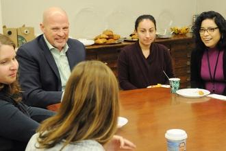 Mulgrew shares a laugh with NYC iSchool teachers Evelyn Dominguez (center) and S