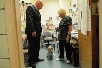 School nurse Isabel Choleff introduces UFT President Michael Mulgrew to Sugar, t