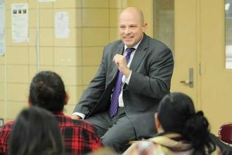 UFT President Michael Mulgrew speaks during a meeting with faculty and staff at 