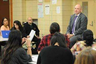 The group packed the school’s cafeteria to hear Mulgrew’s presentation.