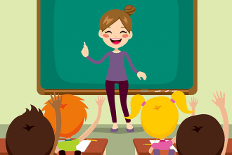 Woman standing in classroom with green board behind and students raising hands