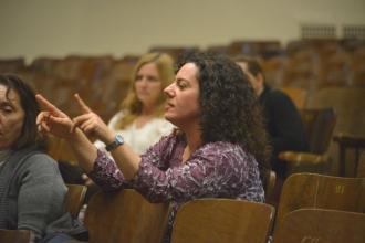 Fine arts teacher Rachel Vine queries Mulgrew.