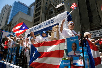 The UFT float on Fifth Avenue.