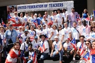 Part of the UFT contingent gathers prior to the start of the parade.