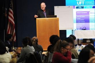 UFT President Michael Mulgrew addresses the gathering.