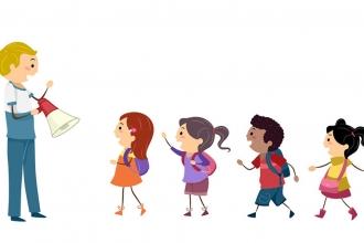 Kids following teacher cartoon