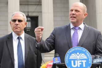 UFT President Michael Mulgrew (right) and NYSUT President Andy Pallotta discuss 