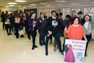 Students line up to enter the Staten Island Prom Boutique at IS 51 on April 21.