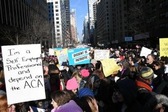 Marchers in New York City stretch for blocks.