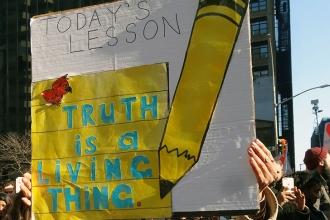 An appropriate lesson at the New York City march.