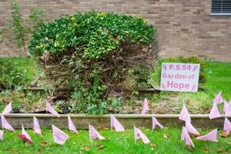 A garden in front of PS 54 in Staten Island supporting the fight against breast cancer. 