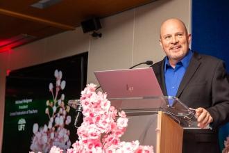UFT President Michael Mulgrew addresses the attendees at the 2024 Provider Appreciation Awards Celebration at UFT Headquarters on May 10, 2024. 