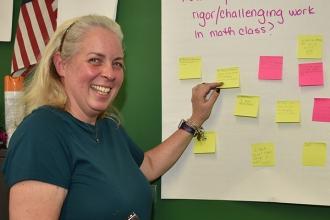 Women pointing to post it notes on a classroom board