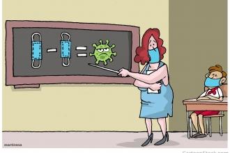 A cartoon of a teacher wearing a mask pointing to a chalkboard explaining the importance of masks. The student also is wearing a mask. 