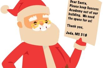 A cartoon image of Santa holding up a note from an NYC student