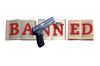 Books with the word banned over them and a gun on top