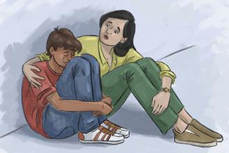 An illustration of a teacher consoling a student. Illustration by Olivia Singler