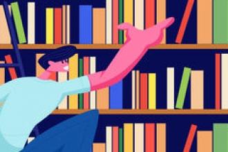 Cartoon graphic of a man reaching for a book on a bookshelf