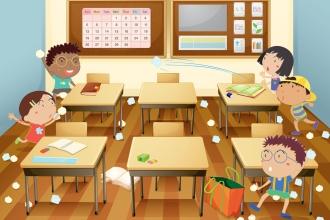 An illustration shows a group of young students throwing paper at each other in a classroom