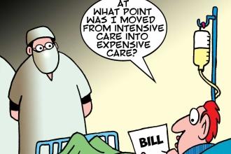 Cartoon depicting patient receiving hospital bill