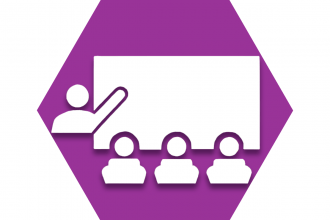 Purple hexagon with outline of figure pointing at screen