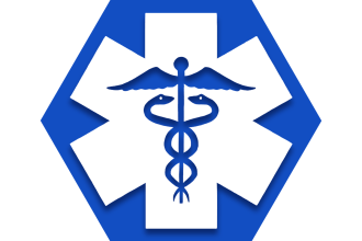 Blue hexagon with medical caduceus symbol