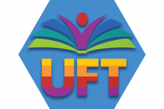 Blue hexagon with UFT symbol in rainbow colors representing UFT Pride Committee