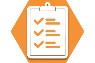 Hexagon with orange background and clipboard