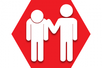 Red hexagon showing one figure with hand on other figure's shoulder
