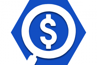 Hexagon with blue background and magnifying glass with dollar sign in it