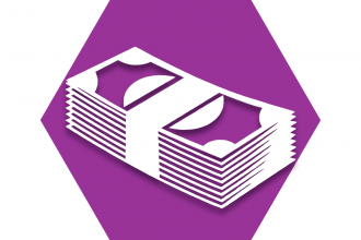 Purple hexagon with stack of dollar bills