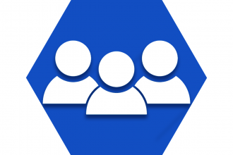 Blue hexagon showing three figures