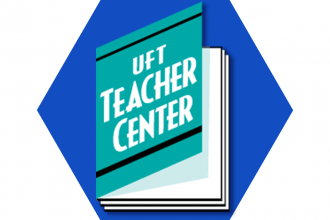 Blue hexagon with symbol of a book reading UFT Teacher Center