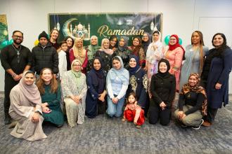 UFT Muslim Educators Committee members and guests from Queens gather for a photo during the UFT's annual Iftar celebration on Feb. 27, 2026