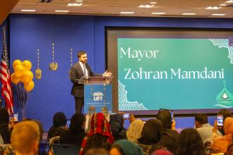 Members who pack Shanker Hall listen to Mayor Zohran Mamdani speak at the UFT Iftar celebration on Feb. 27, 2026. 